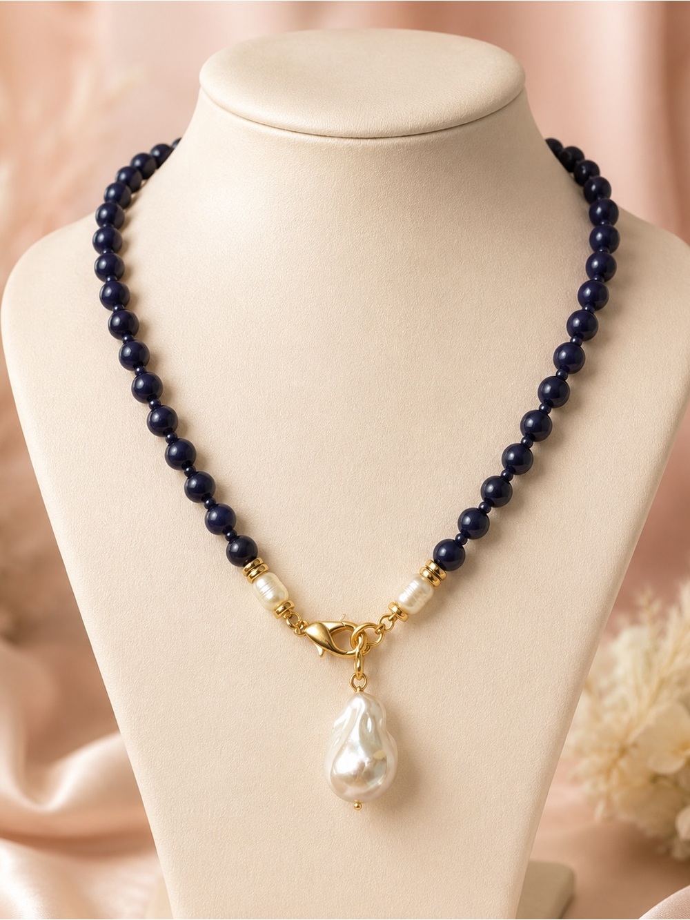 Pearl Drop Navy Beaded Necklace - Women Jewelry